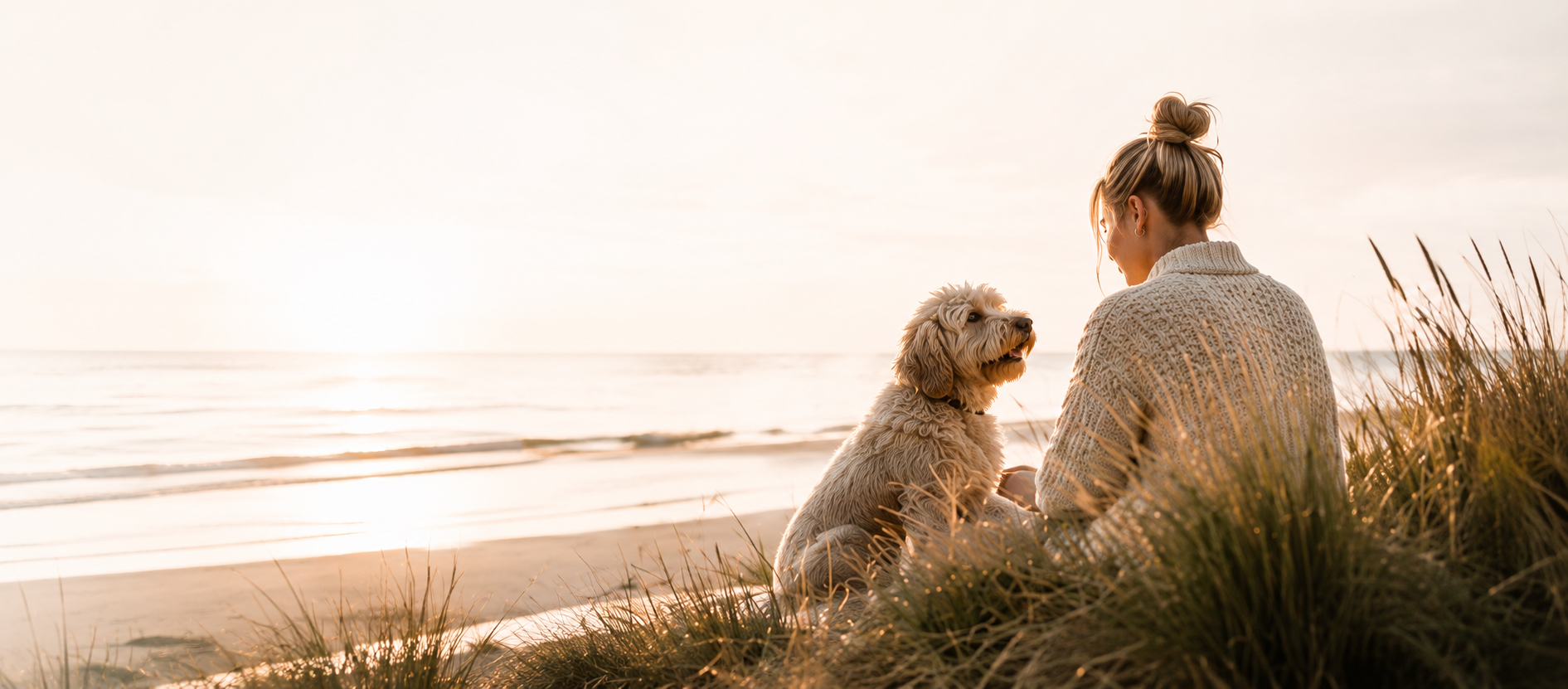 Vrouw en hond kijken samen naar de zonsondergang op het strand