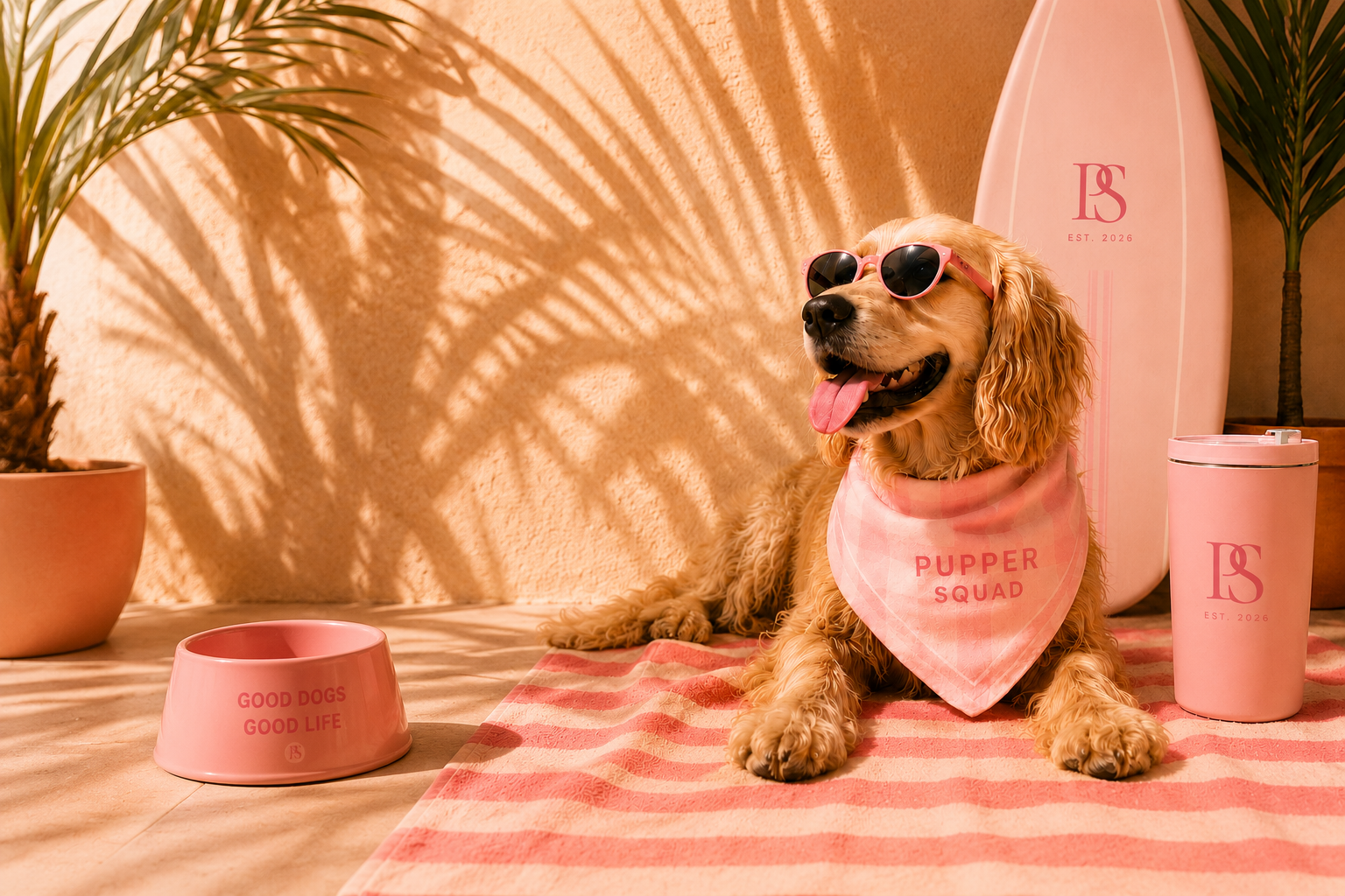 Golden retriever met roze hartzonnebril bij een Miami dog club